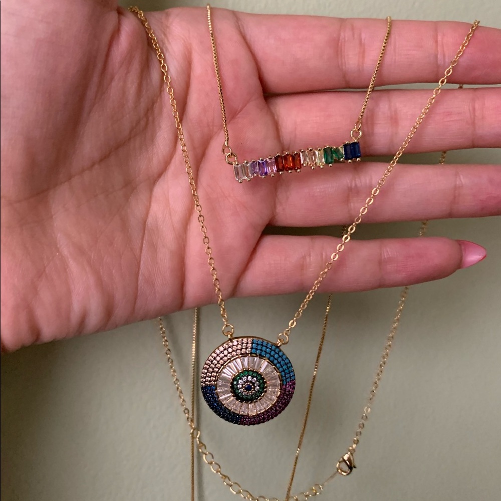 Baguette rainbow CZ evil eye gold necklace - Picture 3 of 6